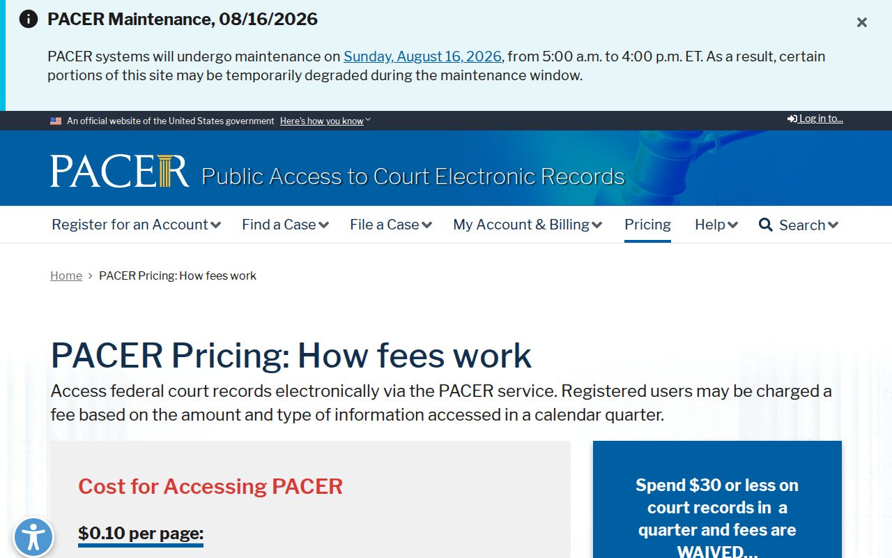 Federal fee information distinguished from Colbert County case search charges