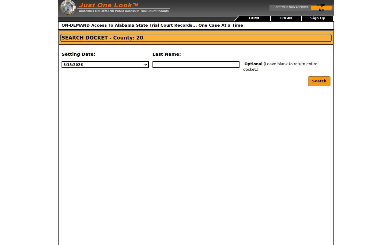 Colbert County court dates search form with setting date and last name